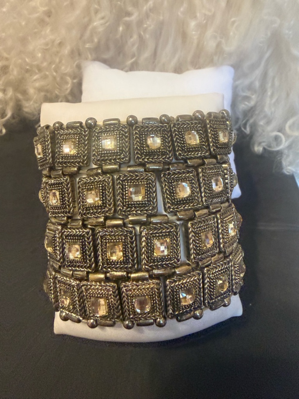 Antique Gold-Tone Statement Stretch Bracelet with Faceted Crystal Squares